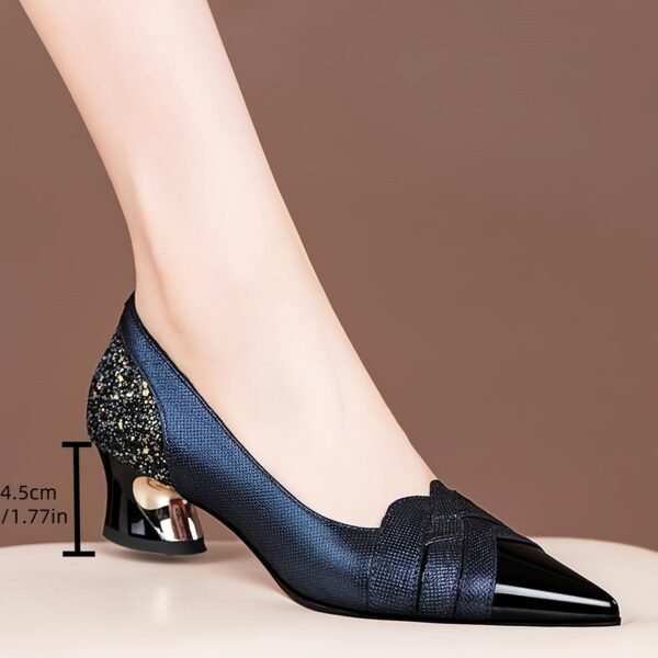 Women's Pointed Toe Block Heel Pumps - Navy Blue & Black Glossy Fabric Upper with Comfortable Mid-Heel, Rubber Sole & Synthetic Cover Lining for Fall Fashion, Office, Parties & Formal Events, Office Wear, Stylish Heels, Quality Craftsmanship, Midheel Shoes, Professional Women - Image 5