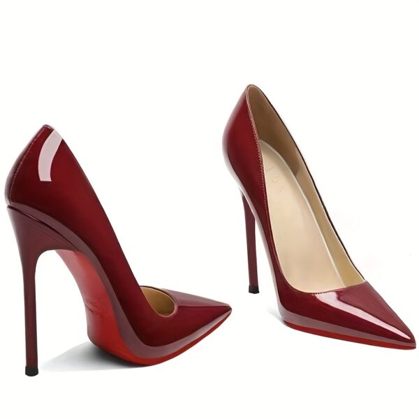 Women's Pointed Toe Stiletto Heels - Burgundy Synthetic Cover Ultra-High Heels with Closed Toe & Comfortable Block Heel for All-Season Formal & Professional Wear, High Heel Shoes, Versatile Fashion Footwear, Sleek Glossy Finish, Durable Rubber Sole, Evening Shoes, Highquality Footwear, Party Goers