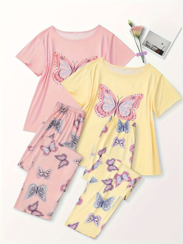 2pcs Casual Butterfly Print Pajama Set, Round Neck Short Sleeve Top and Elastic Pants, Women's Sleepwear