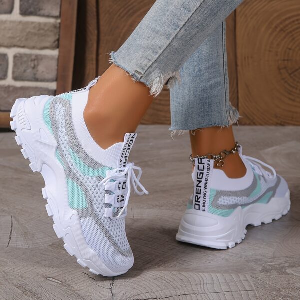 Women's Fashion Breathable Mesh Sneakers - Comfortable Low-Top Casual Lace-Up, Thick Sole Sneakers in Black/White, Beige/Grey, and Blue/Pink, Geometric Pattern, All-Season Wear - Image 3
