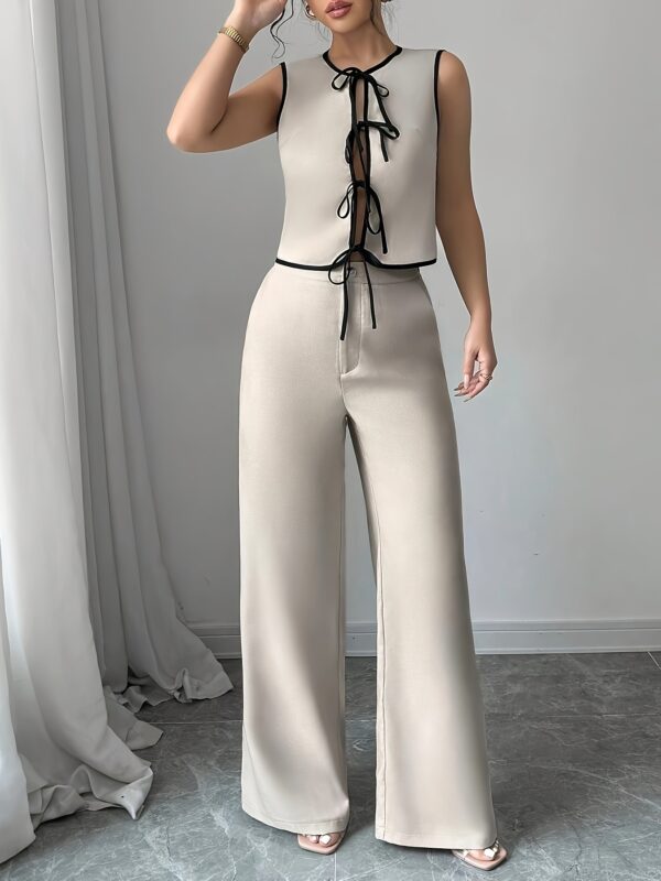 Women'S Casual Two-Piece Set - Sleeveless Top with Lace-up Detail, Wide-Leg Pants, Perfect for Office Commute & Holiday Moments, Office Attire|Casual TwoPiece|Laceup Top, Ladies Casual Wear - Image 5