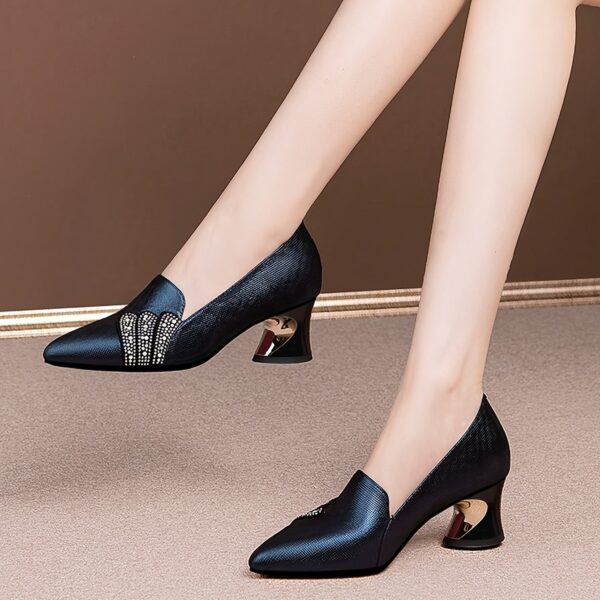 Women'S Elegant Deep Blue Pointed-Toe Block Heel Pumps with Sparkling Rhinestone Bow Detail - Mid-Heel Synthetic Cover Dress Shoes for Fall, Formal Events & Office Wear, Formal Footwear, Sophisticated Style, Durable Rubber Sole - Image 3
