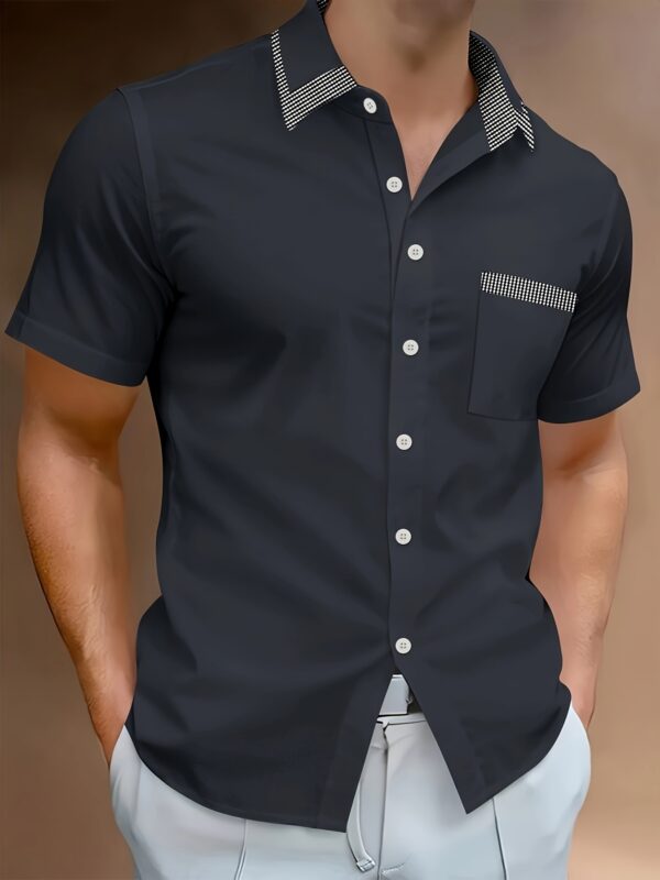 Men's Slim Fit Lightweight Business Casual Shirt with Collar, Short Sleeves, and Chest Pocket - Summer Wear in Beige with Gray Accents - Image 5