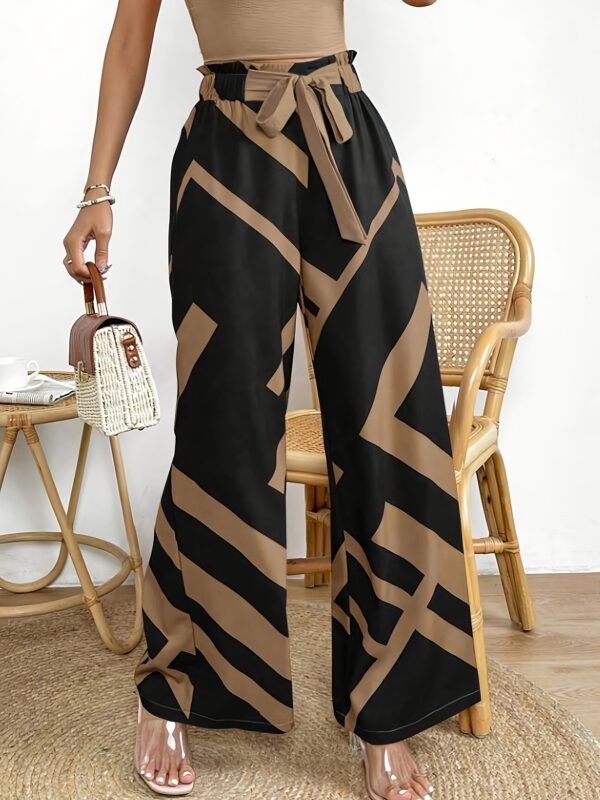 Women's Elegant Casual Geometric Print Wide-Leg Pants with Adjustable Tie Waist - Loose Fit Non-Stretch Machine Washable Trousers for Spring/Summer, Brown & Black Abstract Pattern, Summer Trousers, No Stretch Fabric - Image 6