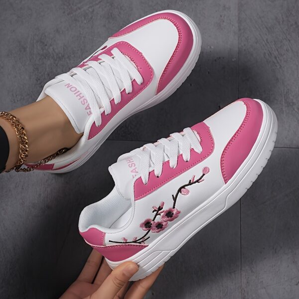 Women'S Floral Embroidered White Sneakers - Low-Top Lace-Up Casual Shoes with Pink Accents, Breathable Fabric Lining & Cushioned PHYLON Sole for All-Season Comfort, Running, Travel, Casual Attire, Ladies Sneakers, Travel Footwear, Elegant Footwear, Durable Footwear - Image 5
