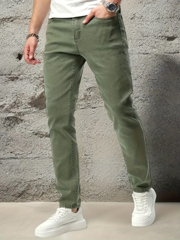 Men's Stretch Slim-Fit Straight-Leg Jeans - Mid-Stretch Comfort, Mid-Rise Waist, Button Closure, Machine Washable, All-Season Casual Wear for Everyday Outings, Versatile Clothing, Sleek Straight Legs, Comfortable Fit, Leisure Outfit, Modern Style, Durable Material, Stretchy Pants, Adult Clothing - Image 5