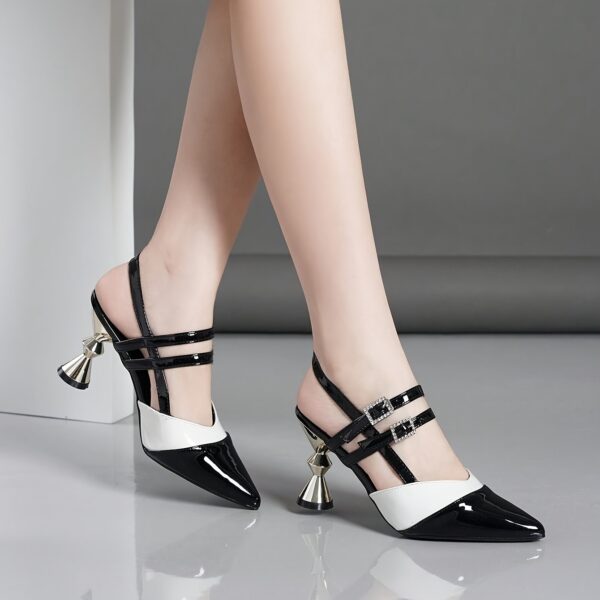 Women'S Black & White Block Heel Pumps - Pointed Toe, Synthetic Cover, Rubber Sole, High Heel Dress Shoes for Summer, Elegant Office & Formal Wear, High Heel Shoe - Image 2