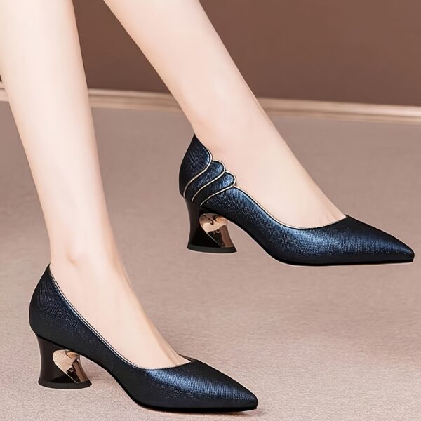 Women's Deep Blue Pointed-Toe Mid-Heel Pumps - Elegant Fabric Upper with Golden Accents, Comfortable Rubber Sole & Synthetic Cover Lining for Autumn Office & Formal Events - Image 4