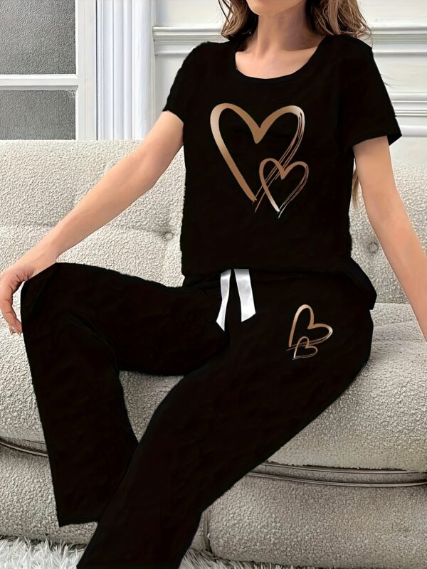 Women'S Pajama Set with Heart Print - Soft and Comfortable Short Sleeve Top and Long Pants, Two-Piece Set, Black with White Bow Detail, Perfect for Relaxing at Home, Loungewear|Comfortable Fit| Fabric - Image 12