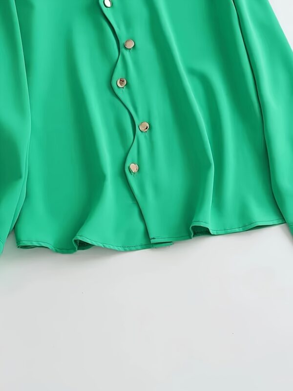 Women's Elegant Solid Color Lapel Long Sleeve Shirt - Classic Button-Up Blouse with Structured Shoulders, Machine Washable Non-See-Through Fabric for Spring Summer Fall, Versatile Office & Casual Wear, Ladies Blouses - Image 4