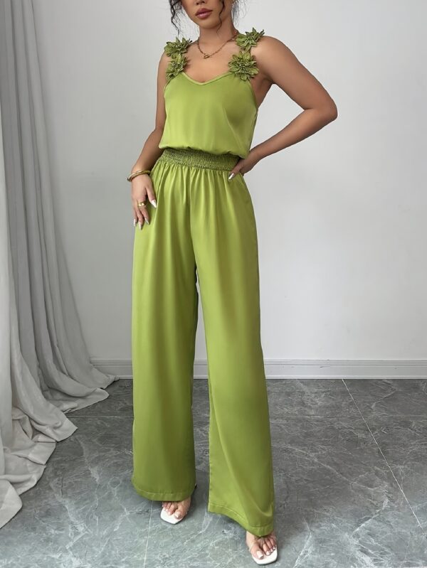 Women'S Solid Color Sleeveless Jumpsuit with Ruched Waist and Floral Embellishments - Wide Leg, V-Neck, Perfect for Summer and Holiday, Holiday Jumpsuit | Floral Embellishments | Ruched Waist Design, Jumpsuit - Image 7