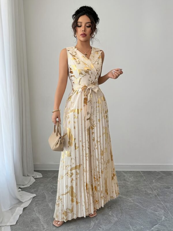 Elegant Sleeveless Geometric Print Jumpsuit with Waist Tie - Long, Button-Up Dress for Women, Perfect for All Seasons, Stylish Adult Fashion, Elegant Attire | Geometric Print Jumpsuit | Waist Tie Detail - Image 3