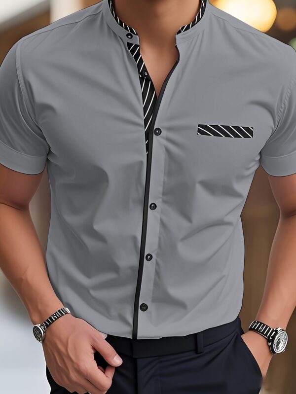Men's Light Blue Casual Short Sleeve Shirt with Black Contrast Collar & Cuffs - Stand-Up Collar, Machine-Washable Fabric, Regular Fit for Summer, Office, Commute & Streetwear, Classic Buttonup Design, Nontransparent Material - Image 5