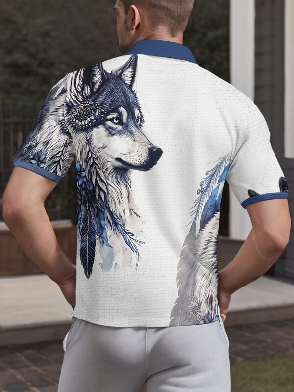 Men's 3D Wolf Print Shirt - Stylish White & Blue, Breathable Polyester, Short-Sleeved with Slightly Elastic Lapel - Ideal for Work or Streetwear, Summer Wear - Image 2