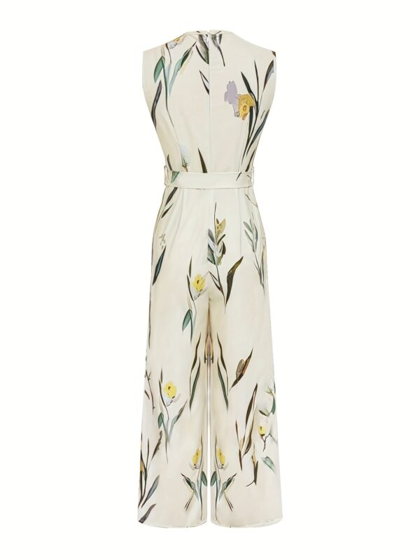 Women's Elegant Sleeveless V-Neck Jumpsuit with Adjustable Waist Tie & Tropical Leaf Print - Lightweight Breathable Fabric, Zipper Closure, Machine Washable for Summer, Beach, Garden Parties - Image 3