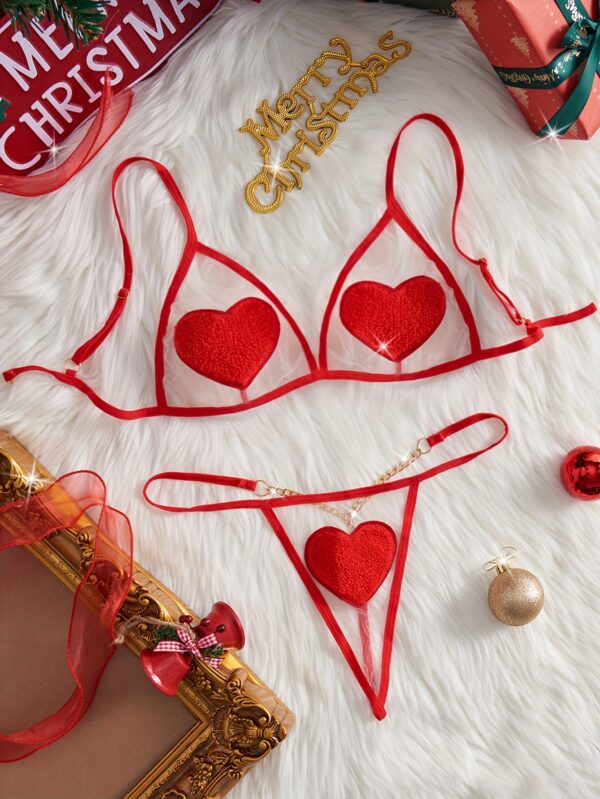 Mesh Heart Pattern Spaghetti Straps Lingerie Set, Intimates Bra & Thong, Women's Sexy Lingerie & Underwear - Image 4
