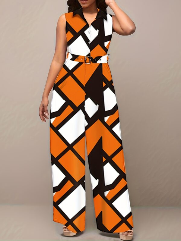 Women'S Elegant Orange & Black Geometric Print Jumpsuit with Belt - Stylish Wide-Leg Pants, High Neck, Long Sleeve, Perfect for Parties & Formal Events, Formal Attire|Geometric Print Jumpsuit|Polyester Fabric