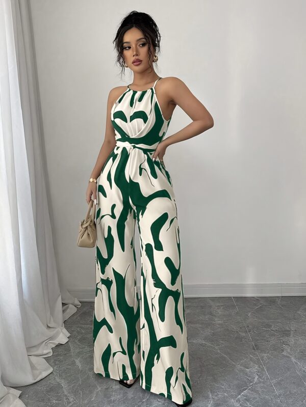 Women's Geometric Print Off-Shoulder Jumpsuit - Sleeveless Wide-Leg Beach Vacation Outfit with Back Tie Closure, Machine Washable Spring Summer Fall Casual Elegance Collection, Summer Outfit, Sleeveless Top, Flowy Fabric, Elegant Style - Image 5