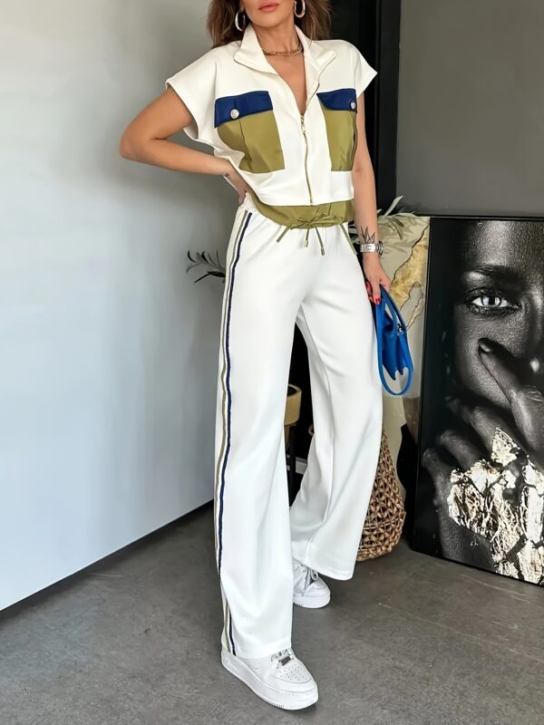 Casual Zippered Short Sleeve Round Neck Women's Two-Piece Set - Image 3