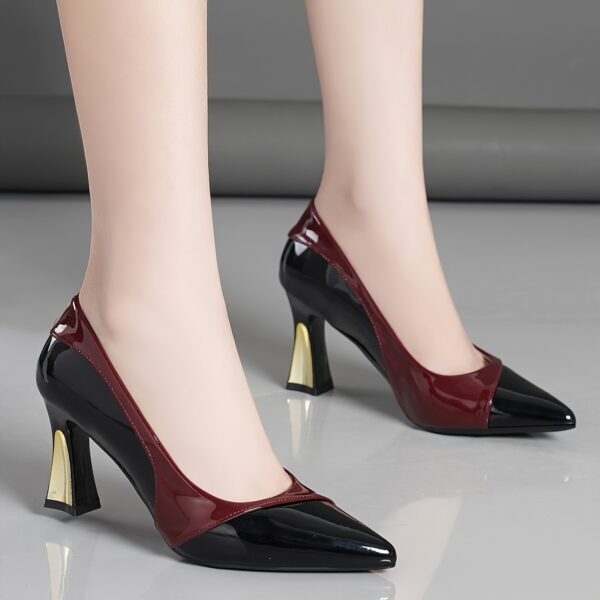 Women's Pointed-Toe Stiletto High Heel Pumps - Glossy Black & Burgundy Synthetic Cover Shoes with Comfortable Thick Heel, Versatile for Casual & Formal Events - Image 3