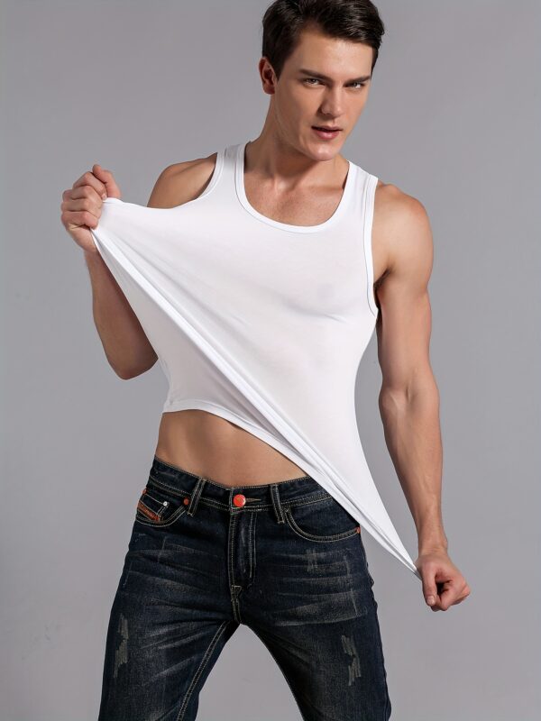 5pcs Men's White Sleeveless Tank Tops - Slim Fit Narrow Shoulder Design, Breathable Fabric for Gym, Workouts & Casual Wear, Round Neck Solid Color Athletic Shirts, Gym Shirt, Everyday Comfort, Sleek Fit, Smooth Texture, Fitness Apparel, Minimalist Style, Lightweight Material, Fitted Top, Fitness Enthusiasts - Image 8