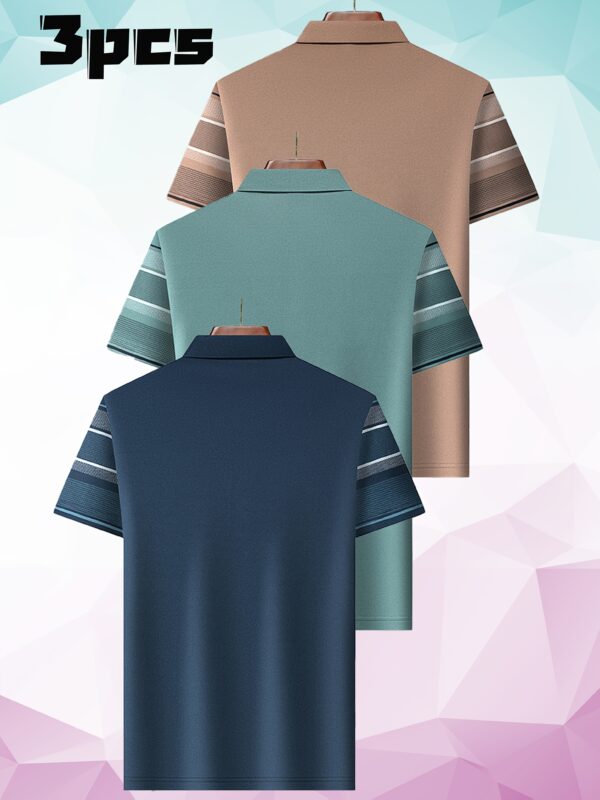 3pcs Men'S Summer Stripe Polo Shirts - Breathable Knit Fabric, Casual Short Sleeve Tees with Button Details, Sporty Dad Style for Business & Leisure - Image 2
