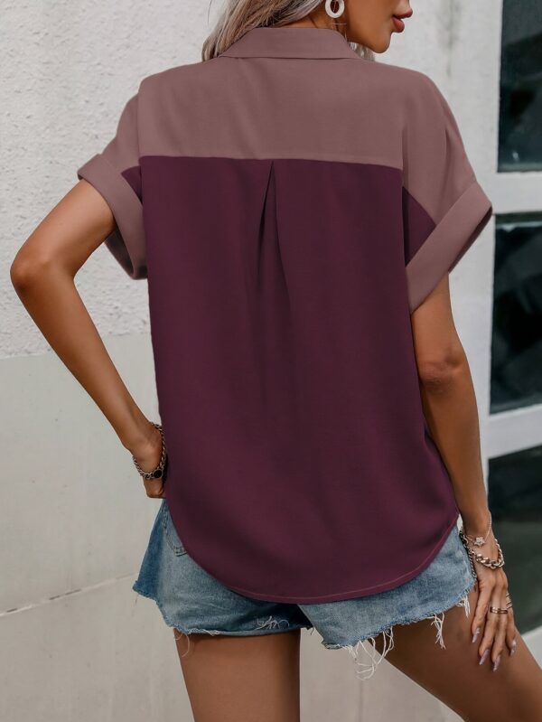 Women's Elegant Contrast Color Button-Up Shirt - Lightweight 100% Polyester Short Sleeve Top with Chest Pocket, Machine Washable for Spring Summer Fall Casual & Semi-Formal Wear, Casual Summer Wear | Elegant Buttonsup | Durable Polyester - Image 4