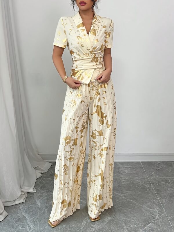 Summer Fashion Women's Collared Tie-Waist Top and Pleated Wide-Leg Pants Set with Silvery Embroidery - Image 7