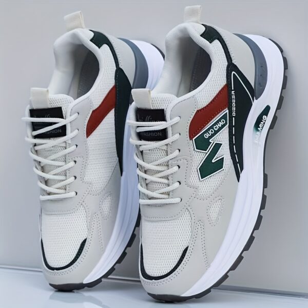 Men's Breathable Mesh Running Sneakers - Durable, Anti-Slip, Odor-Resistant Casual Shoes with Rubber Sole for Spring & Fall, Low-Top Lace-Up Design in White, Black & Green - Image 6