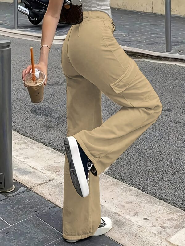 Women'S Casual Solid Cargo Pants, Polyester High Waist Wide Leg Pants with Pocket, All-Season Woven Fabric, 150g/㎡ Weight - Image 10