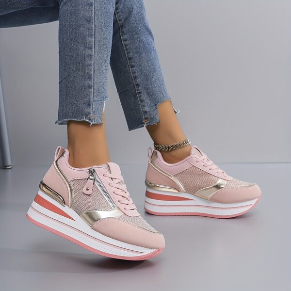 Women'S Pink Breathable Road Running Shoes, Wedge Platform Sneakers with Moire Pattern, Cushioned Support, All-Season Synthetic Upper & PVC Sole, Casual Athletic Footwear for Outdoor Activities, Outdoor Sports Shoes | Stylish Women'S Shoes | Comfortable Fit - Image 9