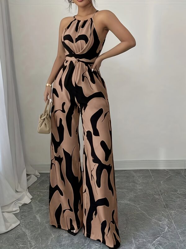 Women's Elegant Off-Shoulder Print Jumpsuit with Wide Legs and Tie Waist - Black & White Abstract Pattern, Polyester Fabric, Perfect for Vacation and Everyday Chic - Image 10
