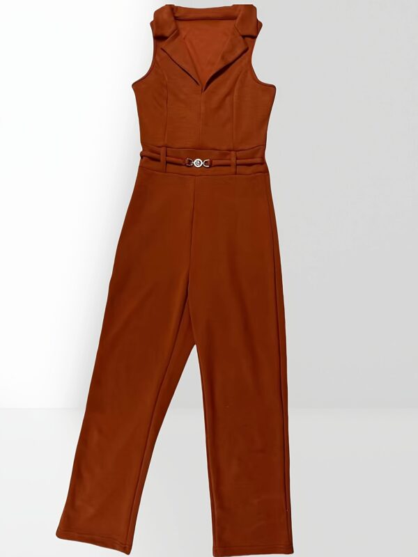 Elegant Brown Zipper-Up Jumpsuit with Notched Lapel Collar - Straight Leg Fit, Solid Color, Perfect for Spring/Summer/Fall, Adult Women'S Fashion, Casual Jumpsuit | Elegant Attire | Polyester Fabri - Image 4