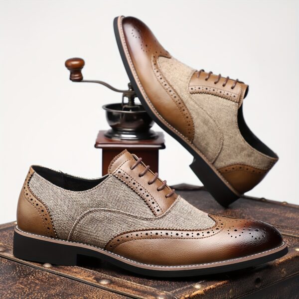 Men'S Vintage Business Casual Shoes - Low-Top Lace-Up Dress Shoes with Pointed Toe, Faux Upper & Inner, Rubber Sole & Insole, Beige & Brown Striped Design for Daily & Professional Wear, Classic Dress Shoes, Fabric Lined Interior - Image 8