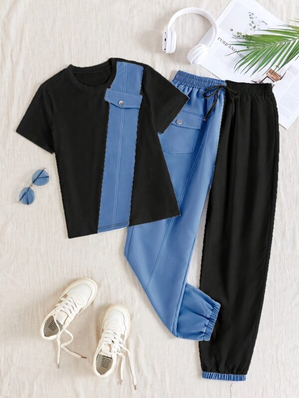 Ladies' Spring/Summer Casual Color blocked Short sleeved Pants Set -222- Round neck Short sleeved Top and Drawstring Pants Elegant and Loose, Women's Gift for Women, Suitable for Commuting, Going Out, Home, s - Image 7