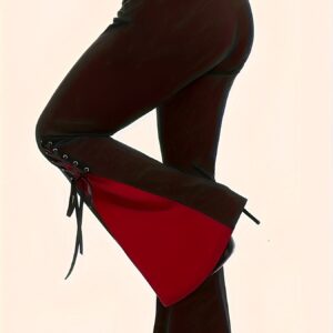 Color Block Flare Leg Pants, Elegant Skinny Tie Side High Waist Pants For Spring & Fall, Women's Clothing