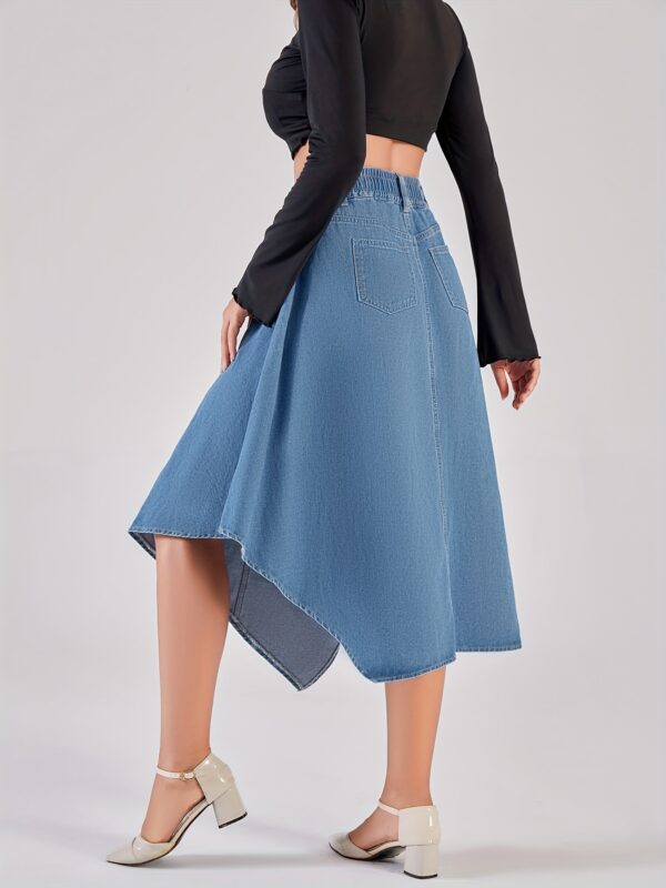 Women's Casual Denim Skirt - Asymmetrical Flared Mid-Length Blue Jeans Skirt, Breathable Lightweight Non-Stretch Fabric, Machine Washable for Spring Summer Fall, Seasonal Fashion, Comfortable Wear - Image 3