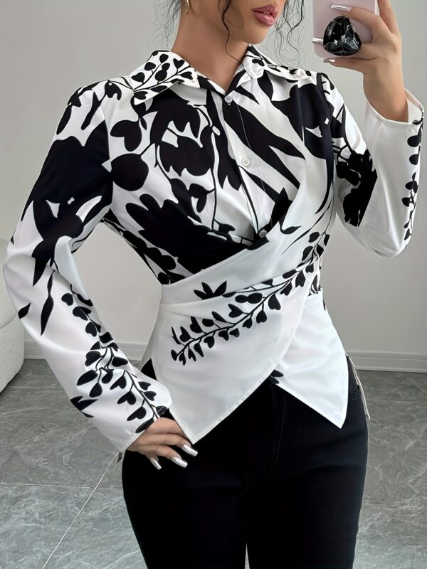 Women'S Elegant Floral Print Long Sleeve Blouse with Ruched Waist - Black and White, Lace-Up Detail, Perfect for Spring/Summer/Fall, Stylish Office Attire|Floral Print Top|Laceup Detail, Ladies Blouses - Image 4