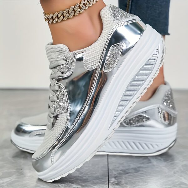 Stylish Women's Casual Sneakers with Golden Glitter Accents - Lightweight Synthetic Leather Platform Running Shoes for All Seasons, Comfortable Fabric Lining, Perfect for Casual Attire and Light Exercise - Image 5