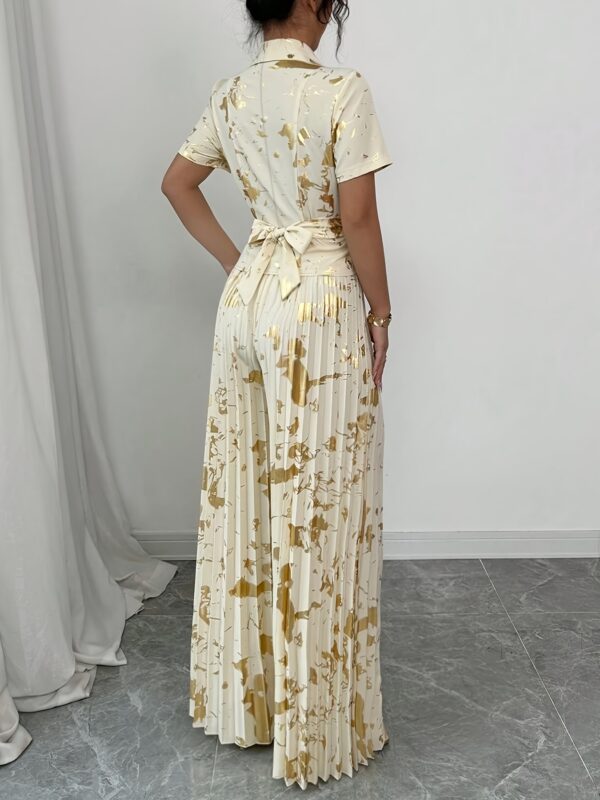 Summer Fashion Women's Collared Tie-Waist Top and Pleated Wide-Leg Pants Set with Silvery Embroidery - Image 3