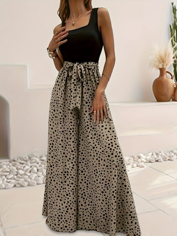 Women'S Sleeveless Wide-Leg Jumpsuit with Tie Waist - Green Polka Dot Print, Square Neck, Flowy Design for All Seasons, Polyester Fabric, Casual Chic Style, Wide Leg Pants for Mature Wome - Image 8