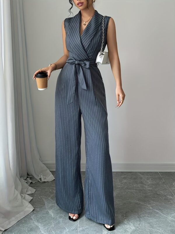 Elegant Striped Sleeveless Jumpsuit for Women - V-Neck, Belted Waist, Wide-Leg Pants, Casual Yet Chic Summer Outfit, White with Black Stripes, Belted Waist Jumpsuit - Image 10