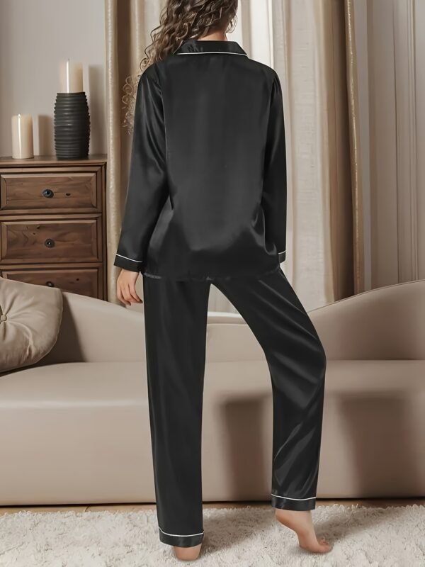 Simple Solid Satin Lounge Set, Long Sleeve Buttons Lapel Top & Elastic Pants, Women's Loungewear - Image 12
