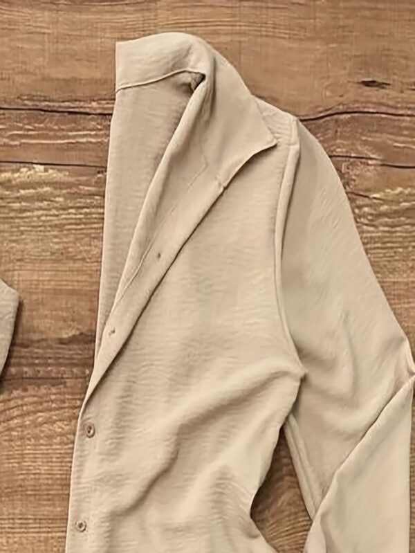Khaki Charm Three-Piece Set: Blazer, Vest, and Shorts - Stylish V-Neck Lace-Up Blazer with Button Details, Solid Color Polyester, Perfect for Spring/Summer - Image 5
