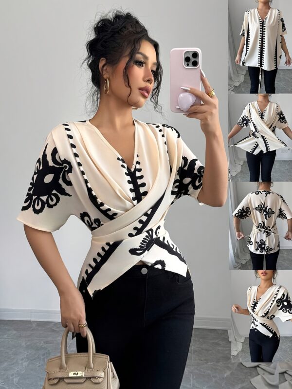 Women'S Stylish Black & White Geometric Print Blouse - V-Neck, Short Sleeve, Button-Up Top with Pockets, Perfect for Spring/Summer/Fall, Casual Attire|Vneck Blouse|Decorative Buttons - Image 6
