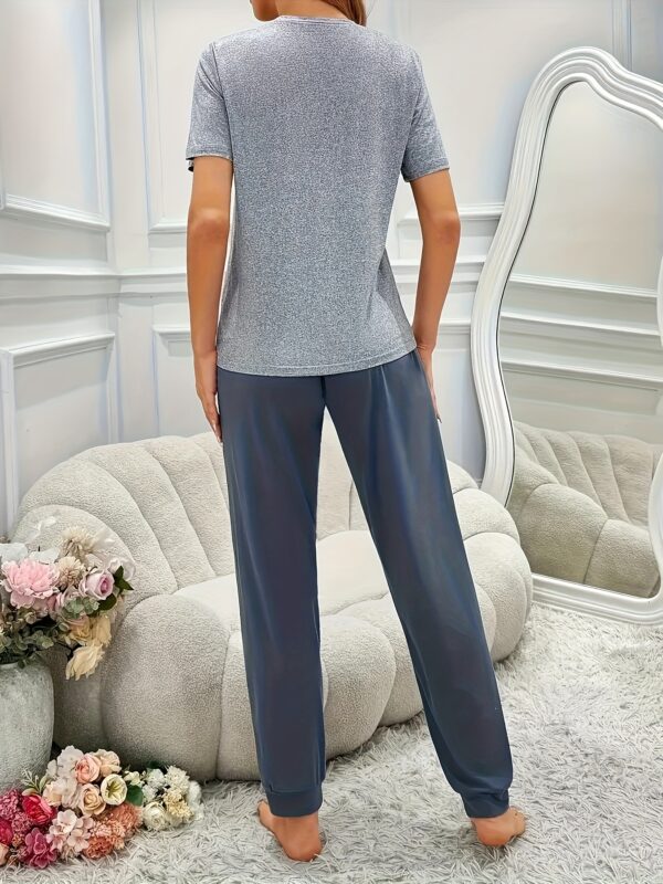 Color Block Casual Short Sleeve Long Pants Women's Pajama Set - Image 9