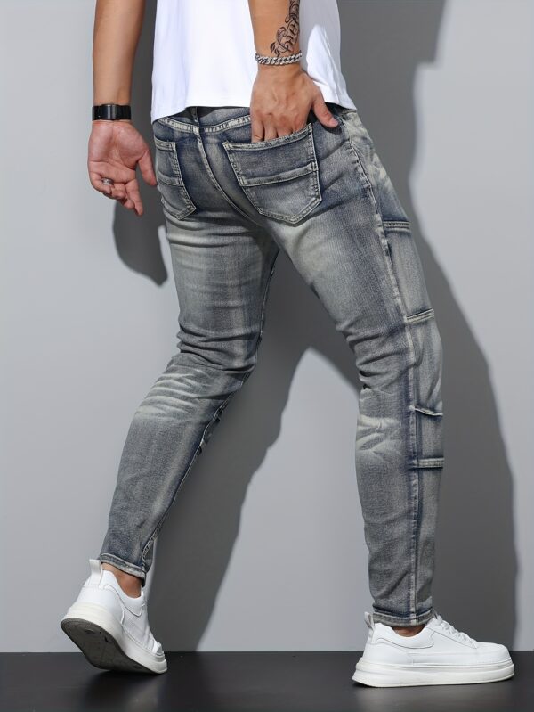Men's Blue Stretch Denim Jeans - Regular Fit Streetwear Style with Mid-Stretch Comfort, Machine Washable, All-Season Casual Pants for Urban Fashion, Comfortable Fashion - Image 3