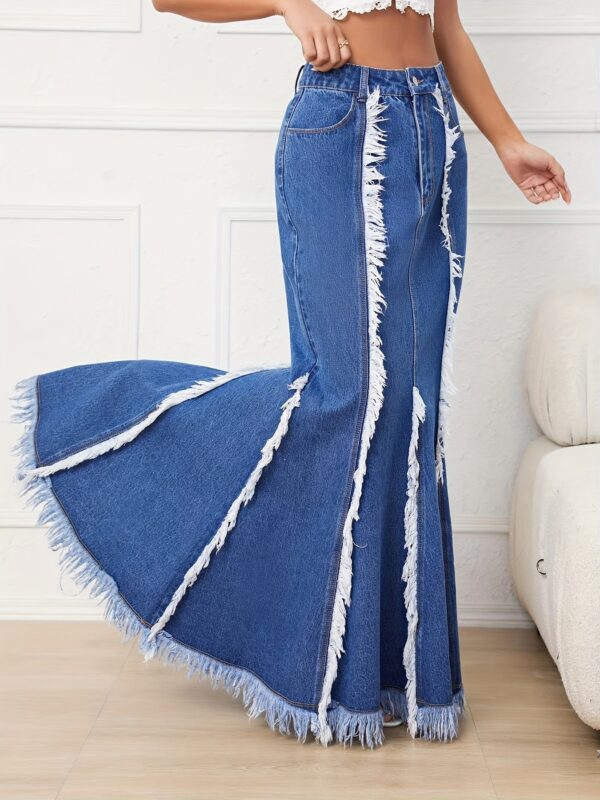 Elegant High Waist Fringe Trim Mermaid Denim Skirt, Raw Hem Long Maxi Jean Skirt with Solid Color Woven Fabric, Non-Stretch Cotton Blend for Spring/Summer/Fall - Maxi-Length Mermaid Tail Skirt - Image 5