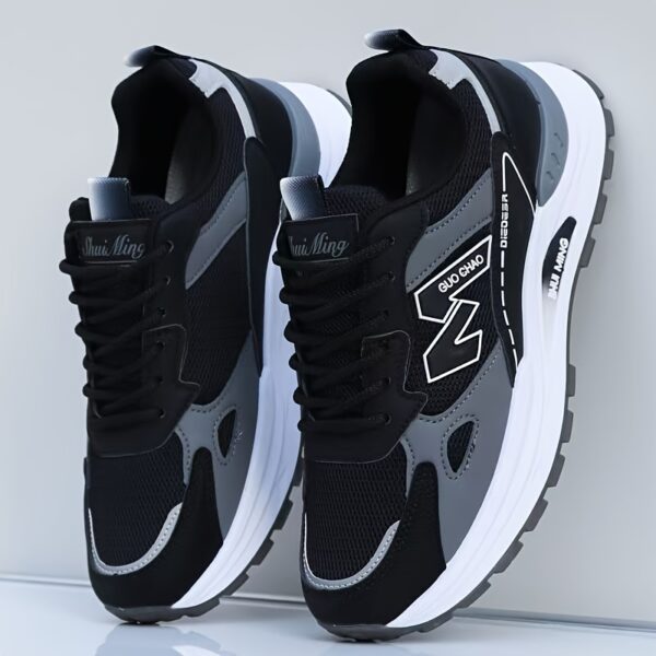 Men's Breathable Mesh Running Sneakers - Durable, Anti-Slip, Odor-Resistant Casual Shoes with Rubber Sole for Spring & Fall, Low-Top Lace-Up Design in White, Black & Green - Image 3