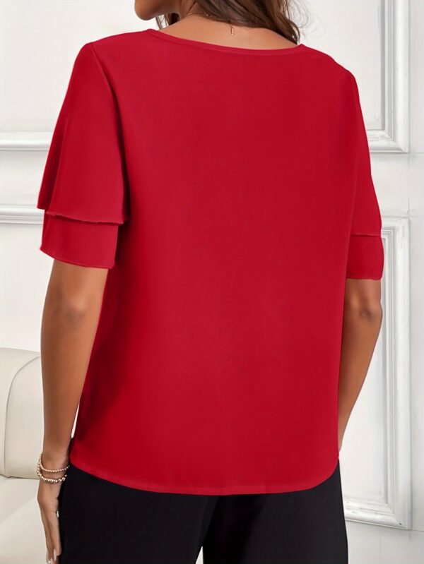 Solid Color Keyhole Blouse, Elegant Crew Neck Short Sleeve Top For Spring & Summer, Women's Clothing - Image 7
